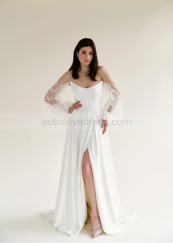 Strapless Ivory Satin Wedding Dress With Detachable Lace Sleeves Strapless Ivory Satin Wedding Dress With Detachable Lace Sleeves